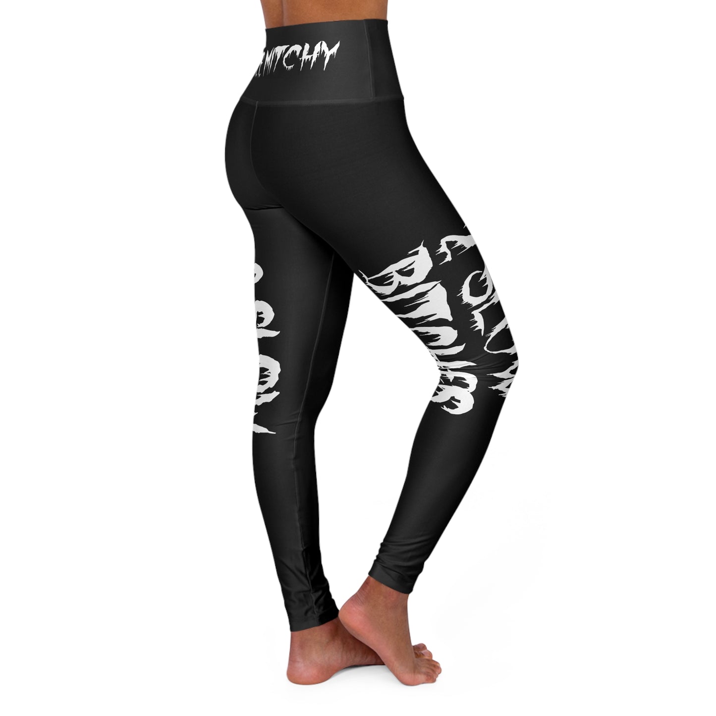 'Free Mitchy' | High-Waist Yoga Leggings — Bold Black Drip Text All-Over Print