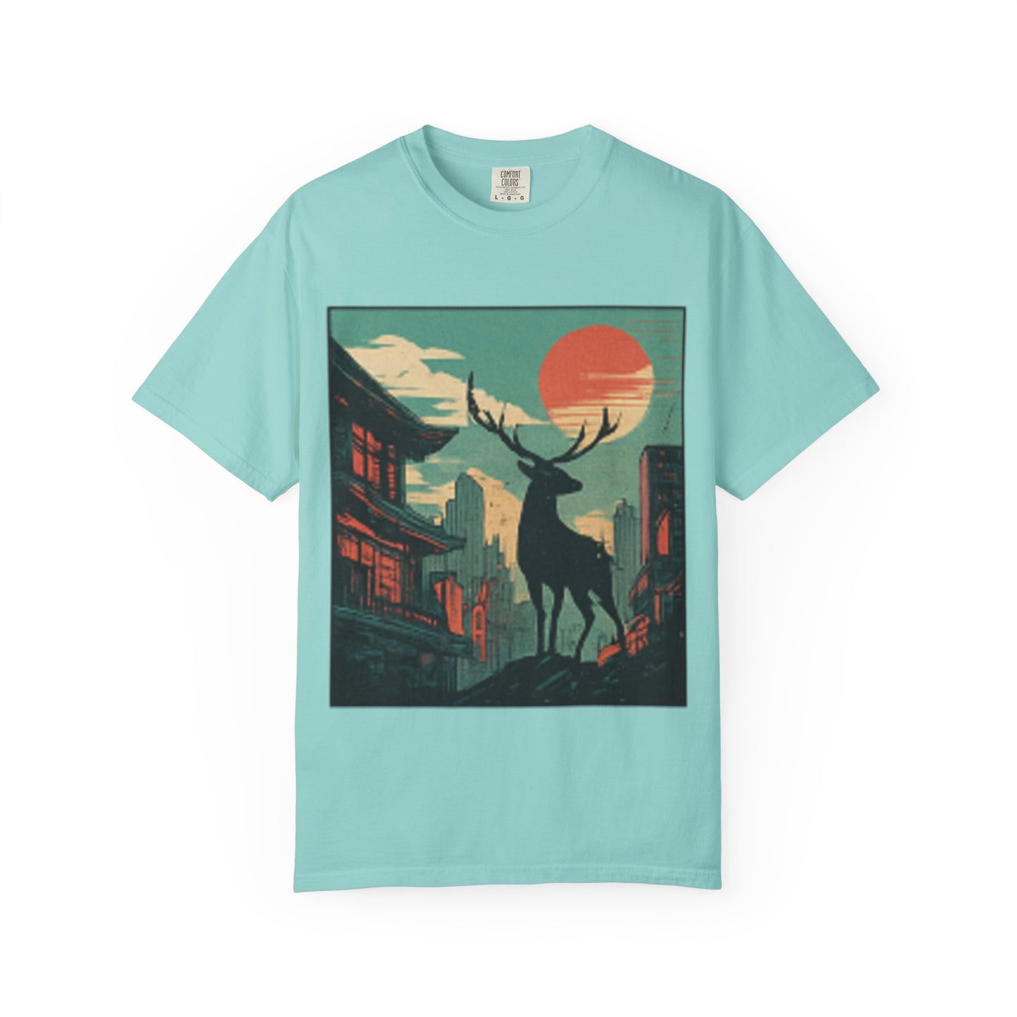 Deer Cityscape T-Shirt — Retro Sunset Stag Graphic