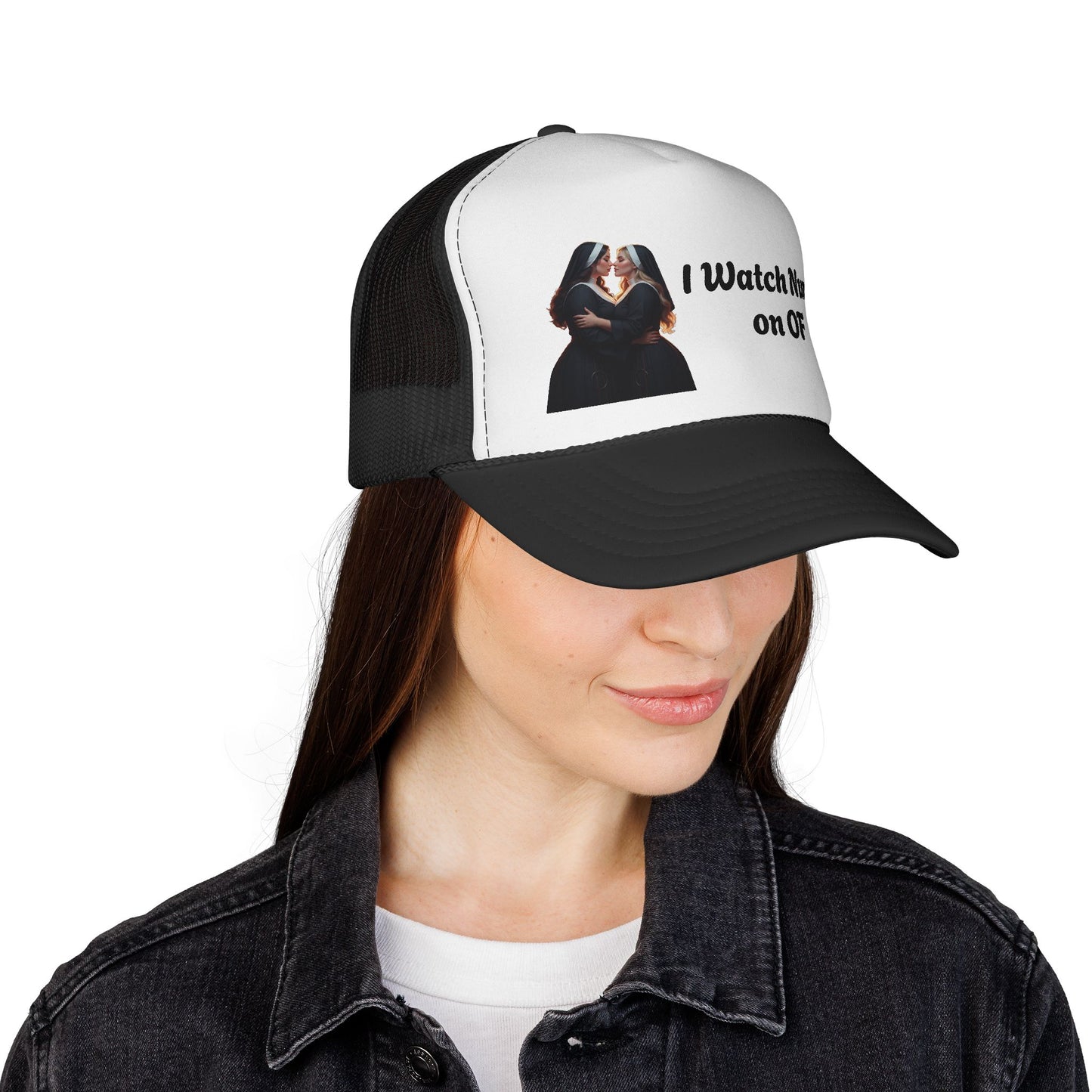I Watch Nuns on OF Trucker Cap - Bold Red Design for Comedy Lovers