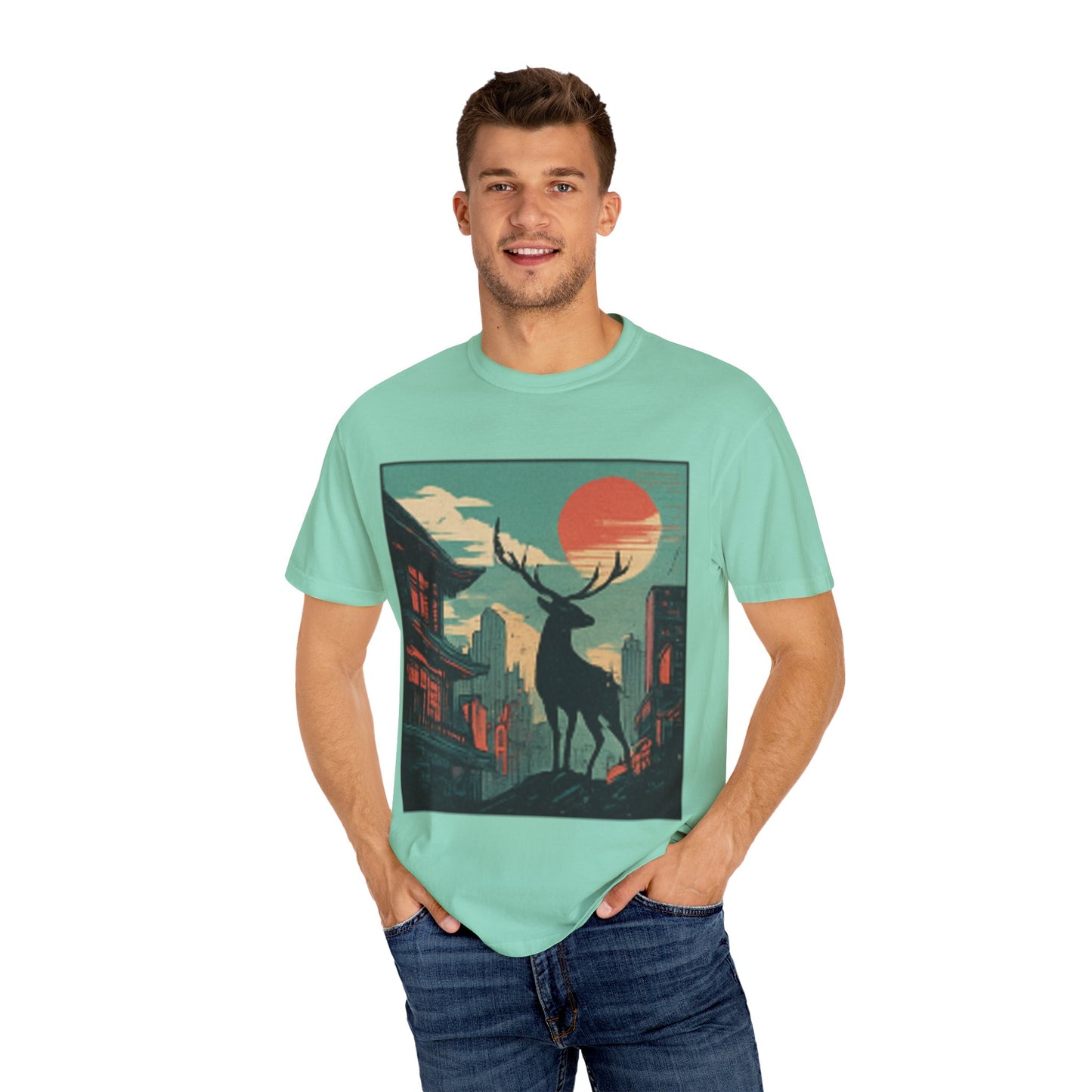 Deer Cityscape T-Shirt — Retro Sunset Stag Graphic