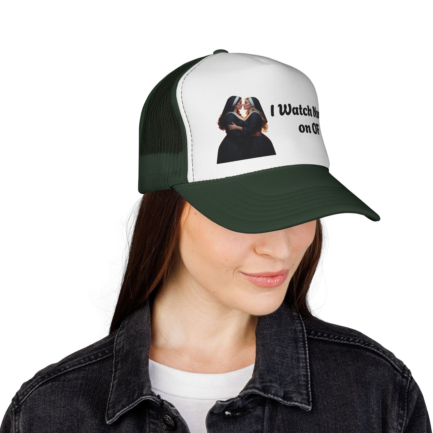 I Watch Nuns on OF Trucker Cap - Bold Red Design for Comedy Lovers
