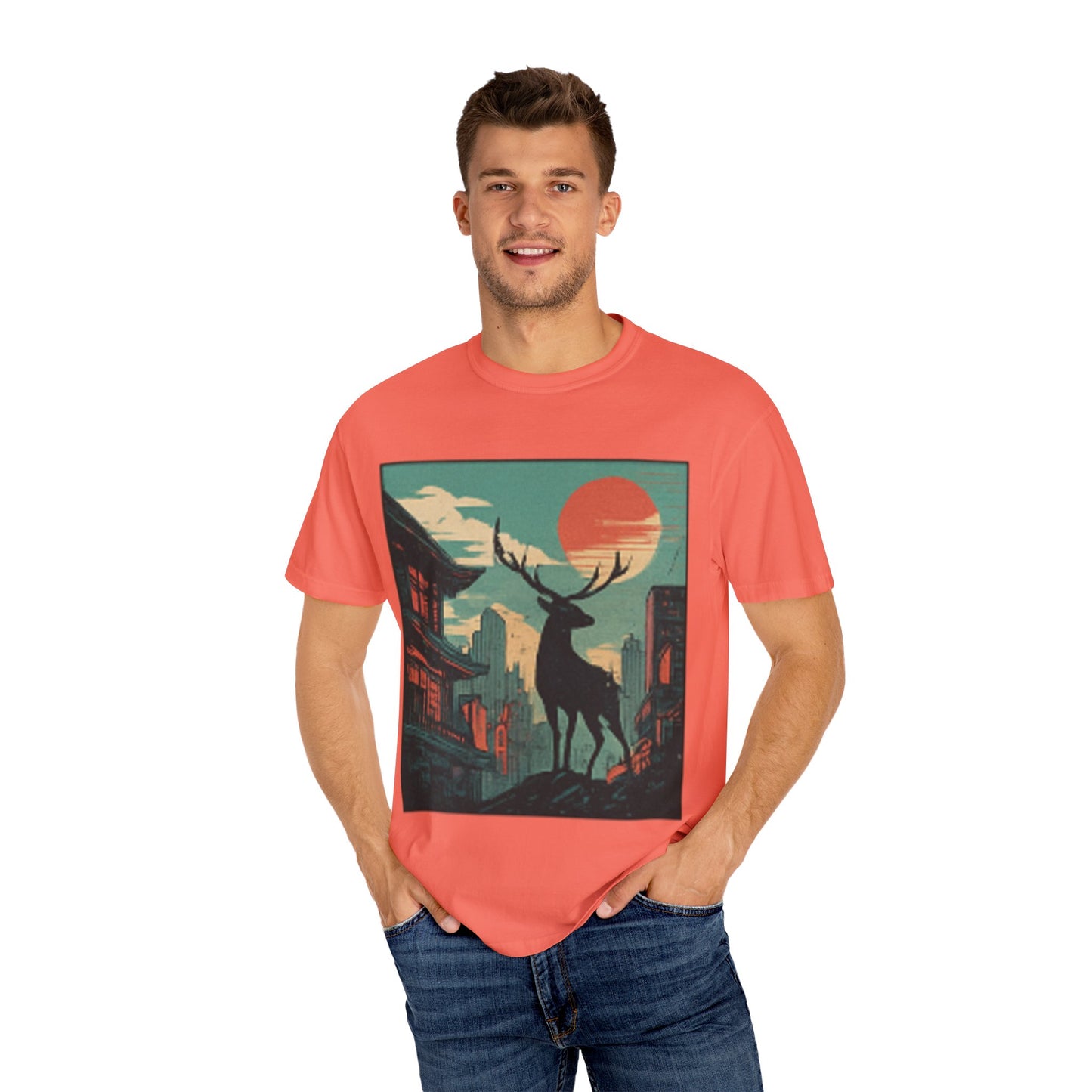 Deer Cityscape T-Shirt — Retro Sunset Stag Graphic