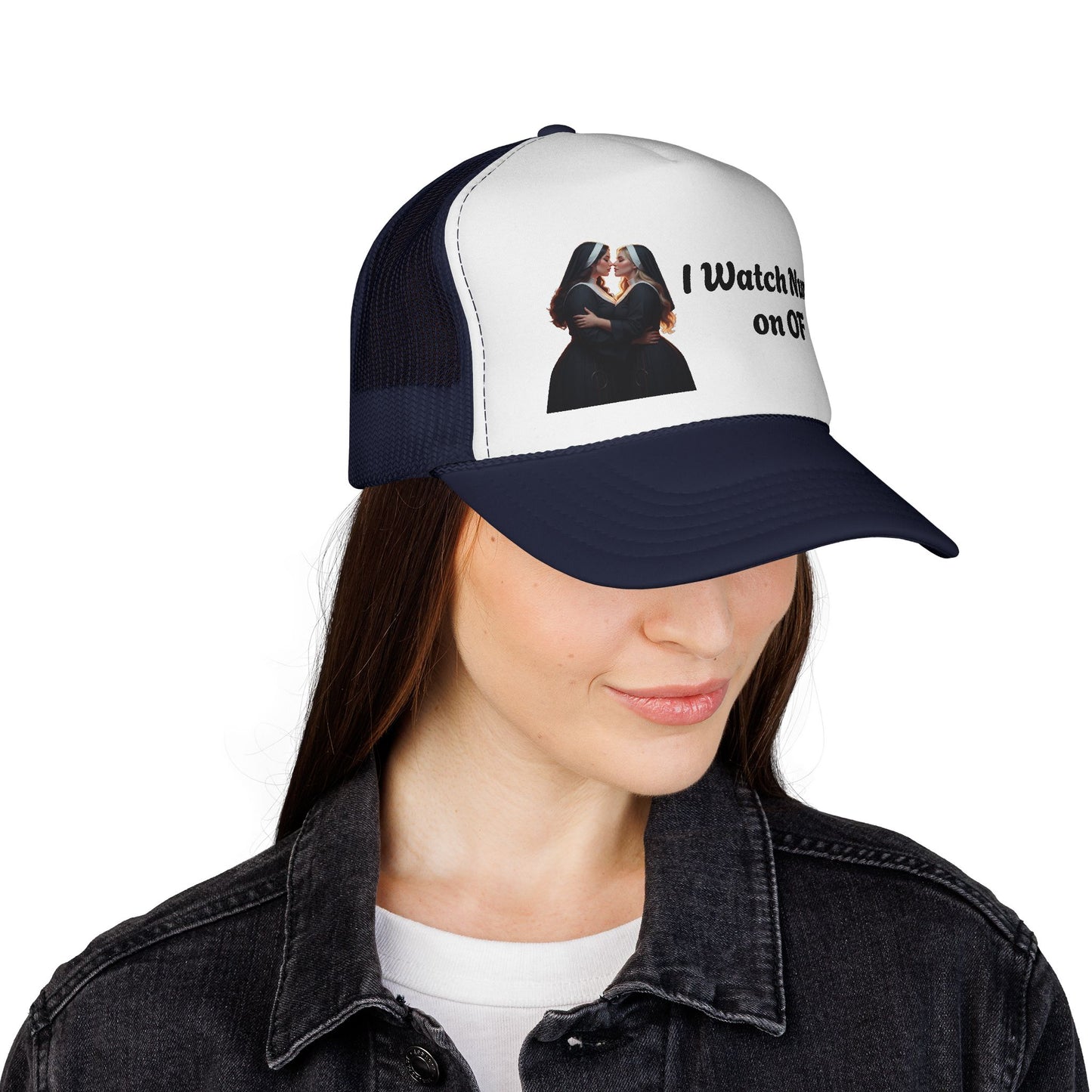 I Watch Nuns on OF Trucker Cap - Bold Red Design for Comedy Lovers