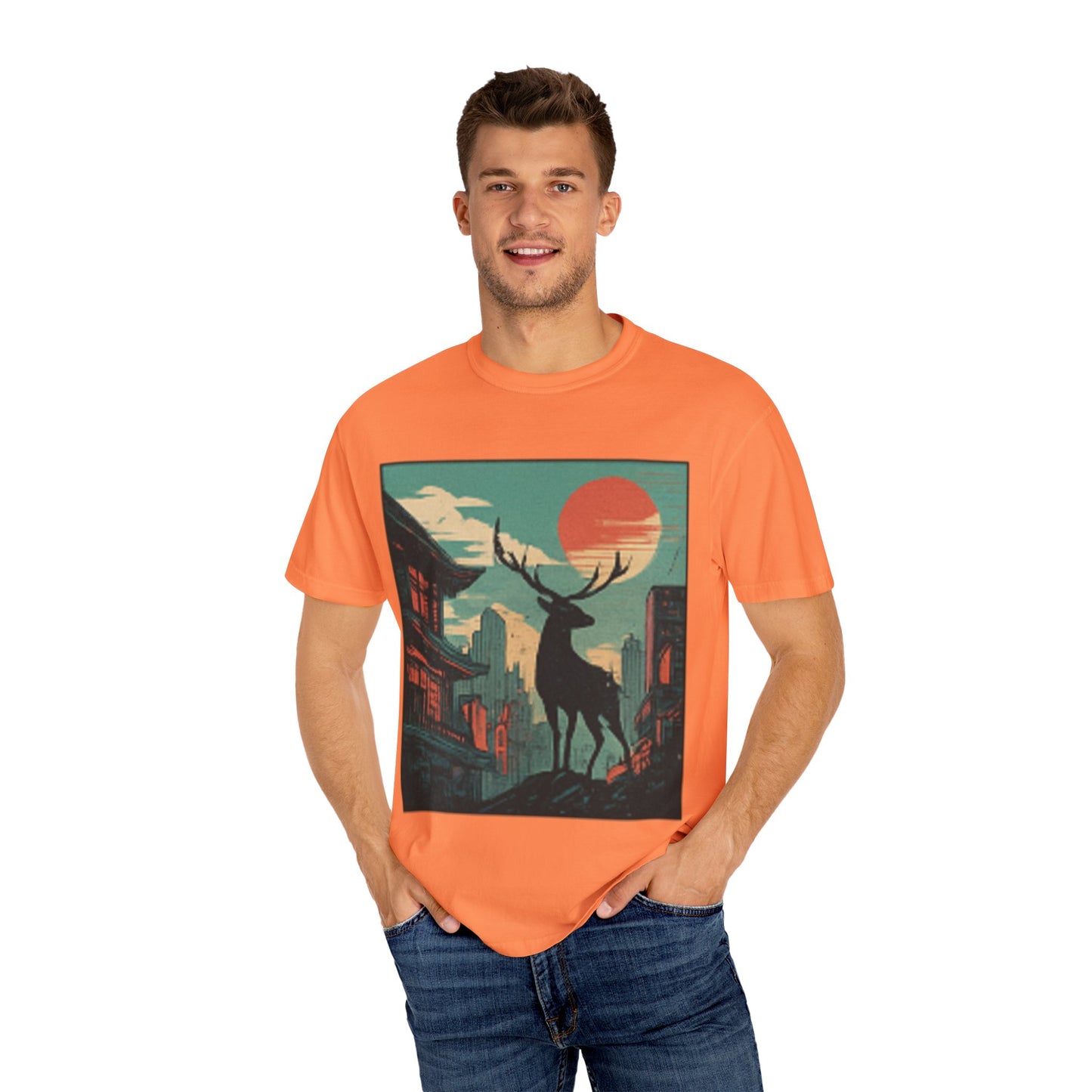 Deer Cityscape T-Shirt — Retro Sunset Stag Graphic