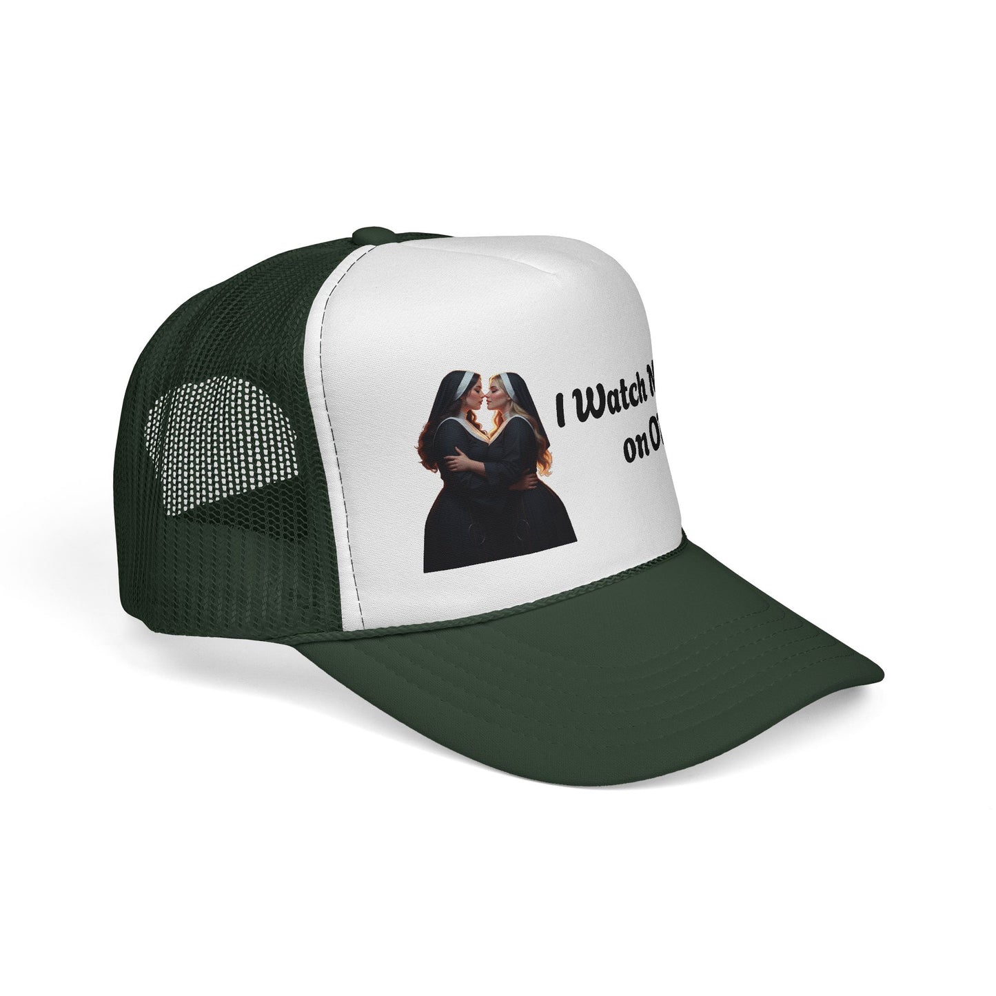 I Watch Nuns on OF Trucker Cap - Bold Red Design for Comedy Lovers
