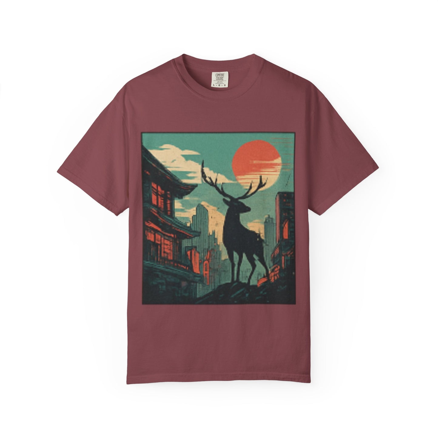 Deer Cityscape T-Shirt — Retro Sunset Stag Graphic