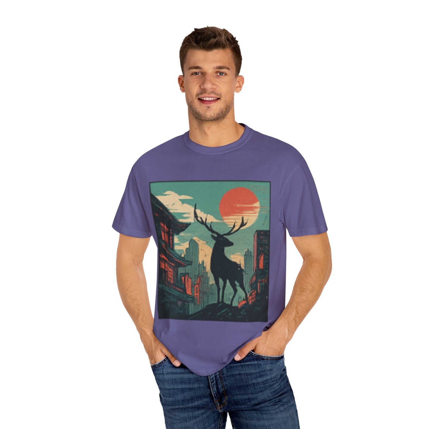 Deer Cityscape T-Shirt — Retro Sunset Stag Graphic