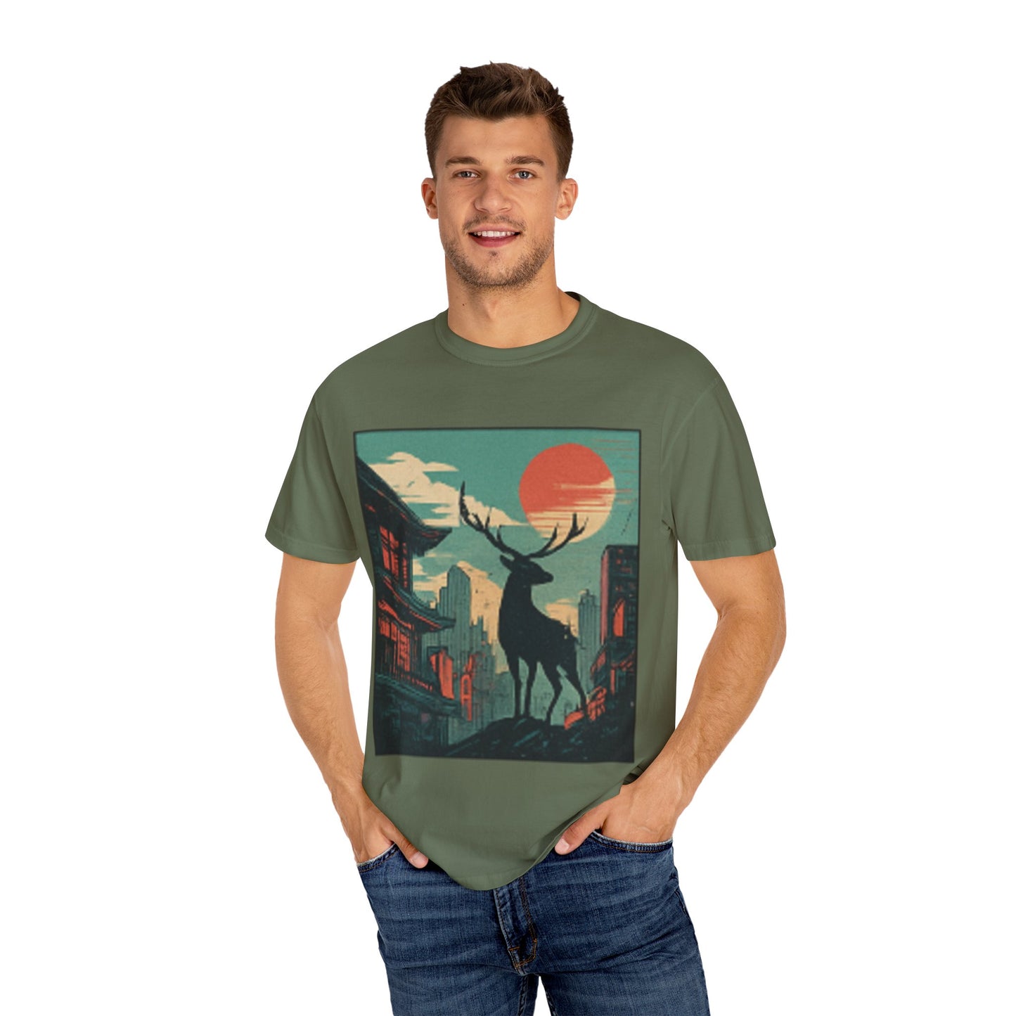 Deer Cityscape T-Shirt — Retro Sunset Stag Graphic