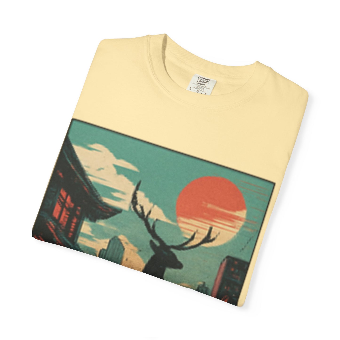 Deer Cityscape T-Shirt — Retro Sunset Stag Graphic