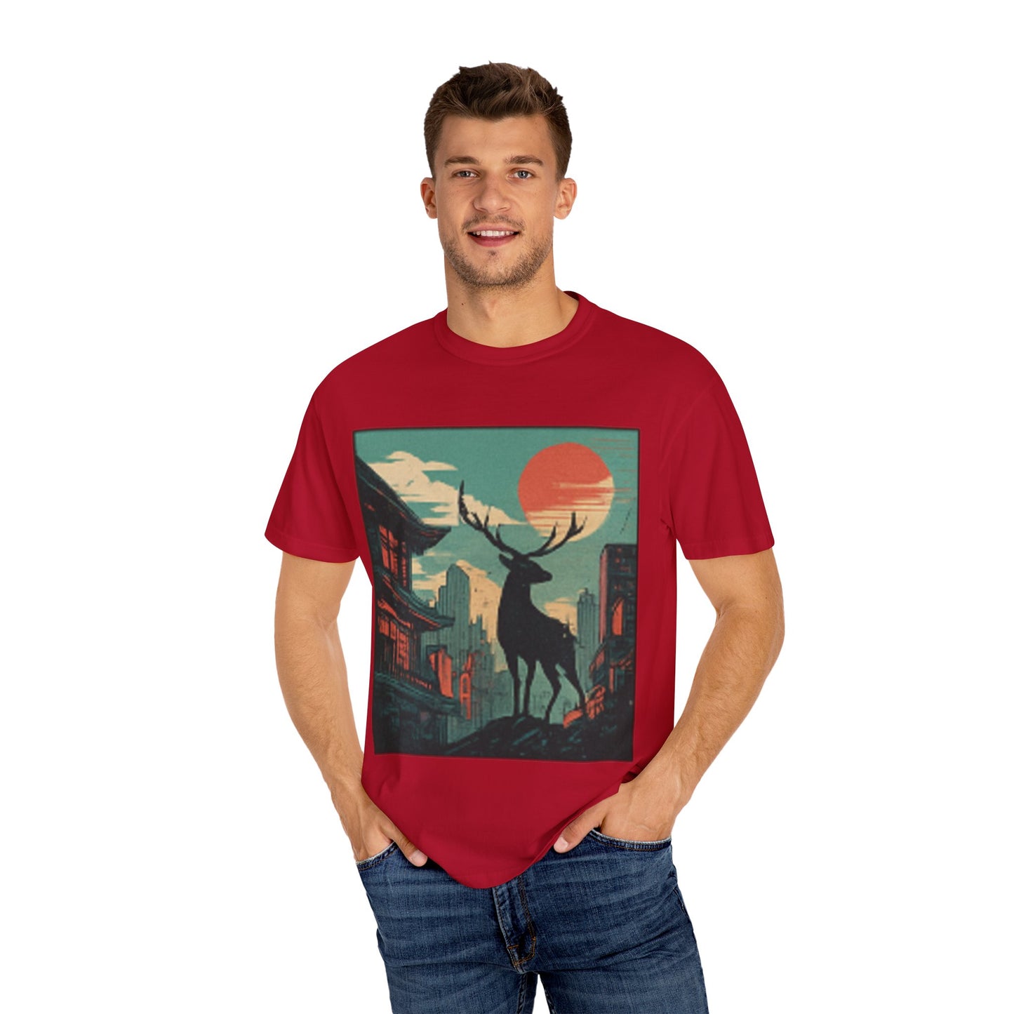Deer Cityscape T-Shirt — Retro Sunset Stag Graphic