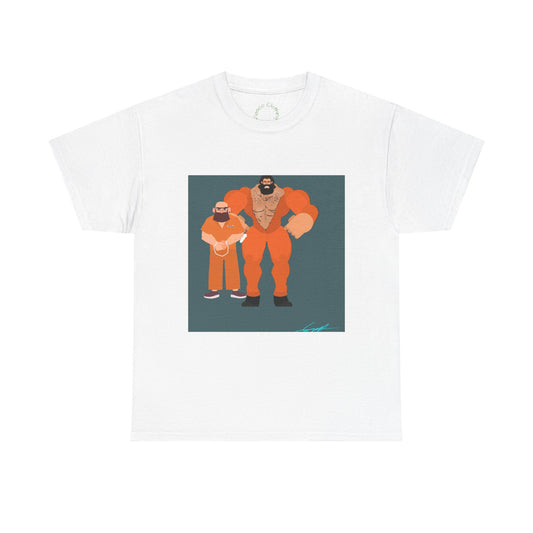 Wrestler Duo Graphic Tee — Strongman & Tiny Fan Illustration T-Shirt