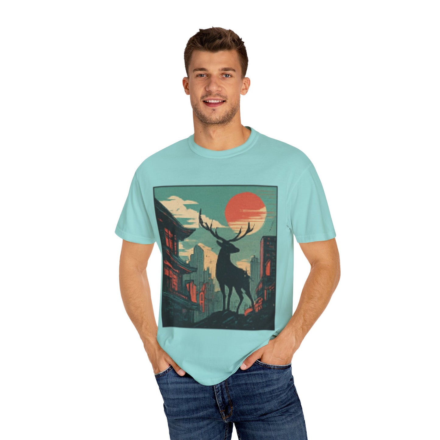 Deer Cityscape T-Shirt — Retro Sunset Stag Graphic