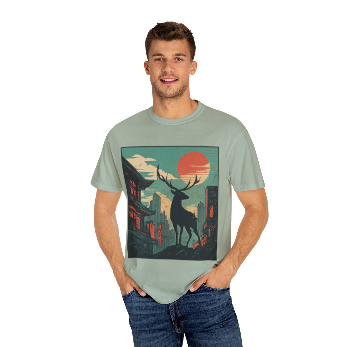 Deer Cityscape T-Shirt — Retro Sunset Stag Graphic