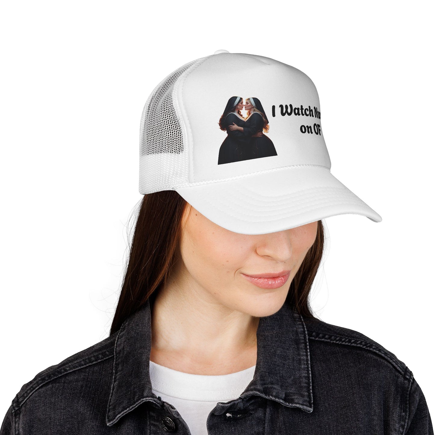 I Watch Nuns on OF Trucker Cap - Bold Red Design for Comedy Lovers