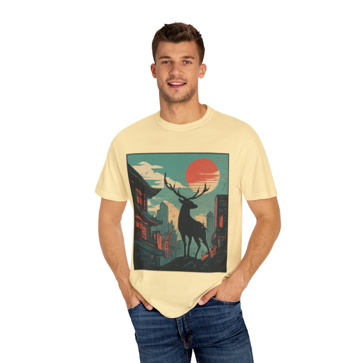 Deer Cityscape T-Shirt — Retro Sunset Stag Graphic