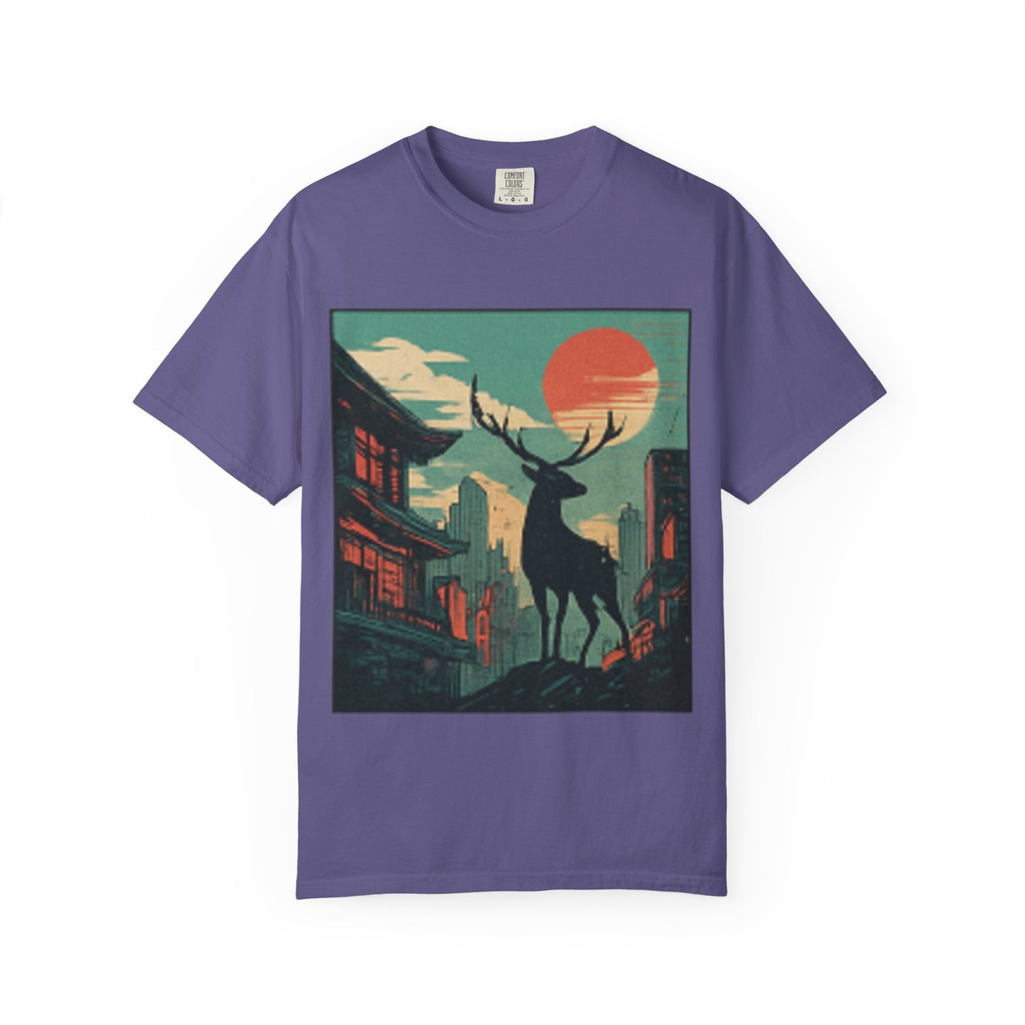 Deer Cityscape T-Shirt — Retro Sunset Stag Graphic