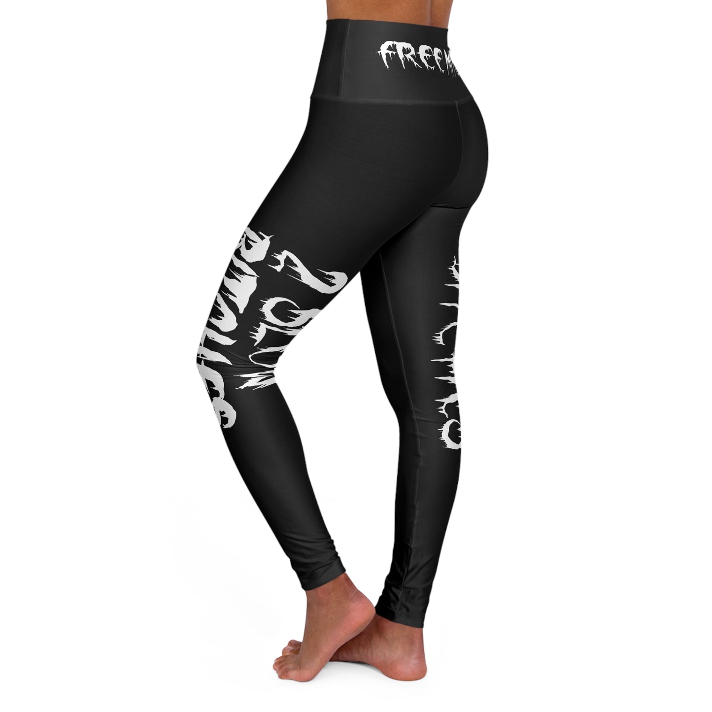 'Free Mitchy' | High-Waist Yoga Leggings — Bold Black Drip Text All-Over Print