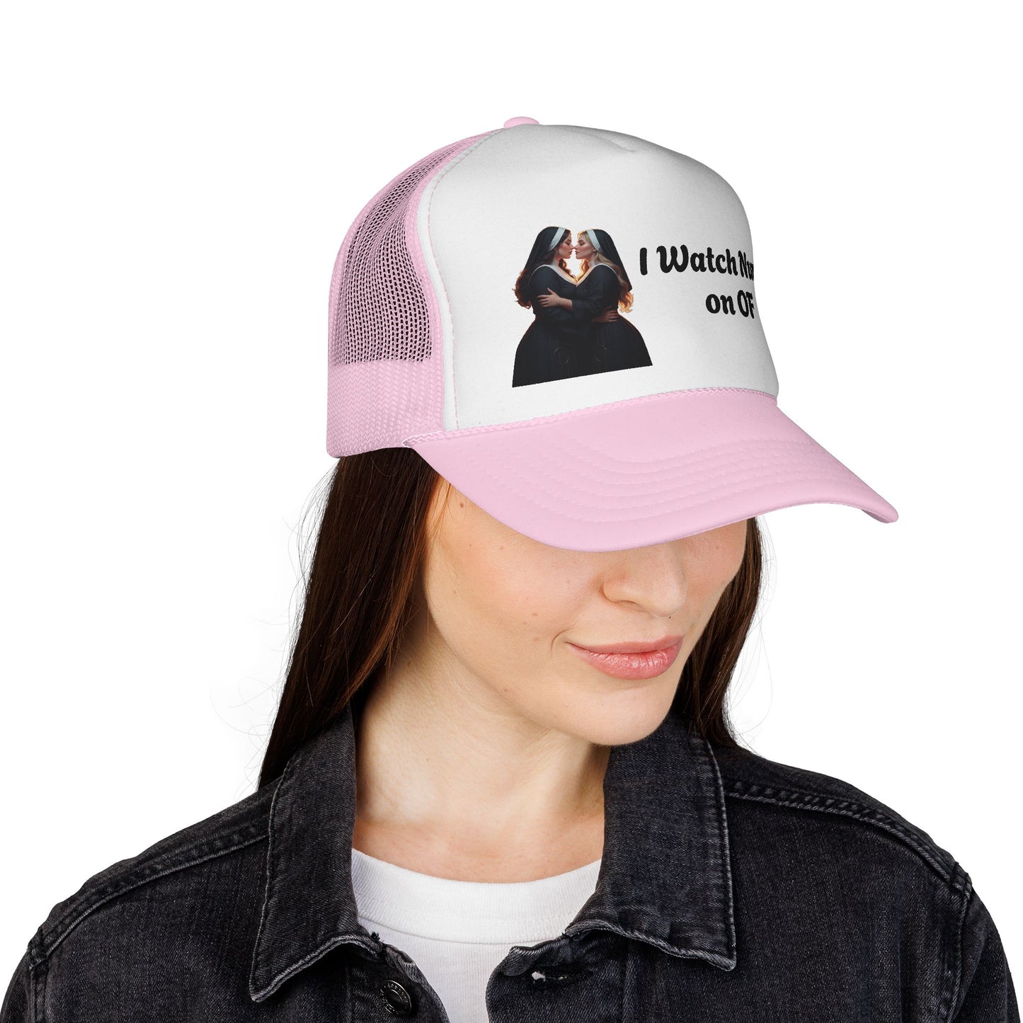 I Watch Nuns on OF Trucker Cap - Bold Red Design for Comedy Lovers