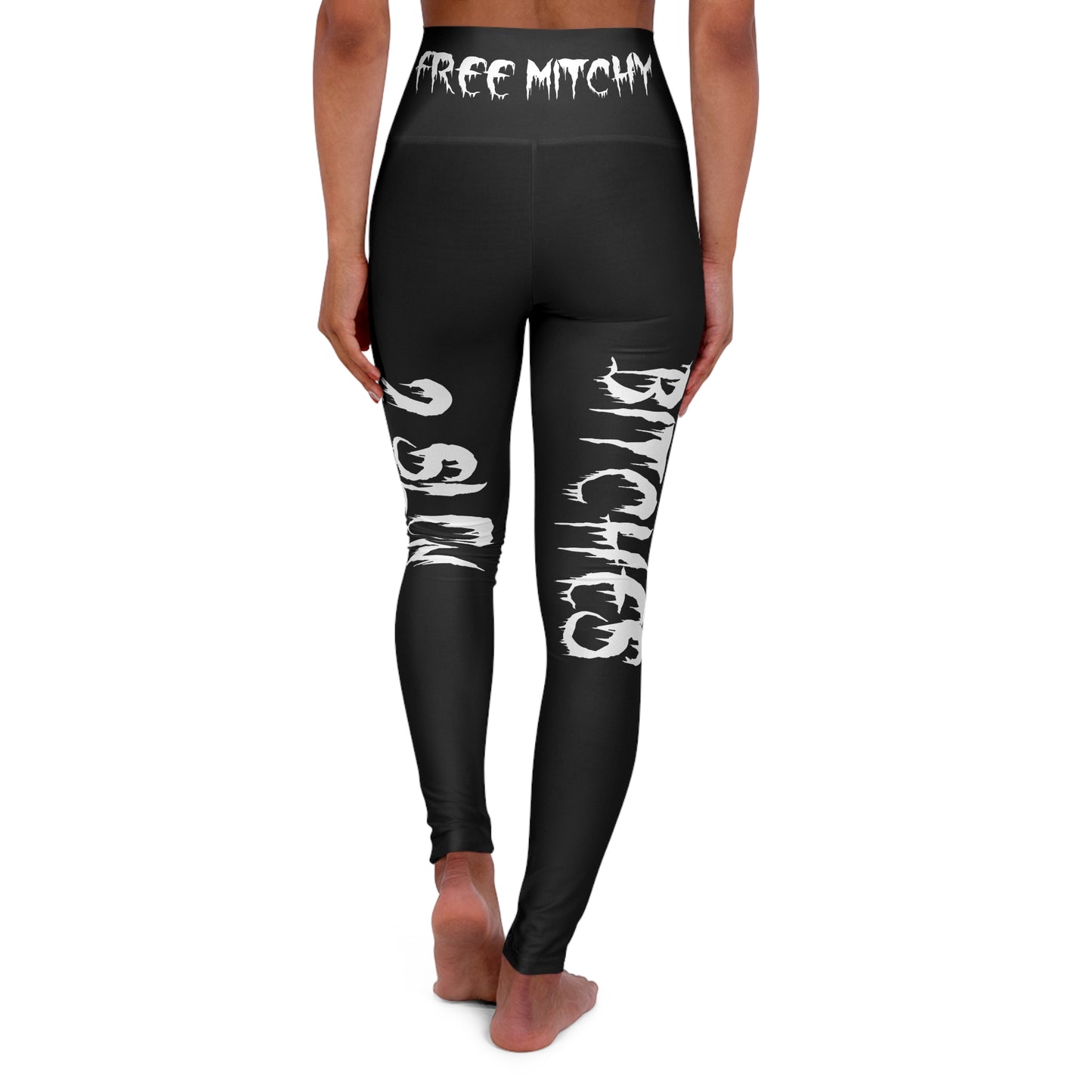 'Free Mitchy' | High-Waist Yoga Leggings — Bold Black Drip Text All-Over Print