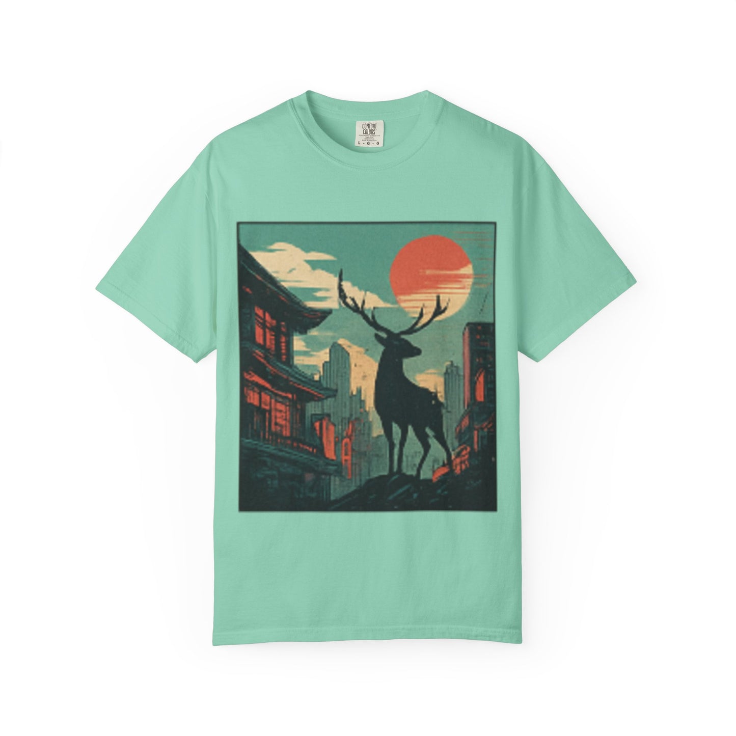 Deer Cityscape T-Shirt — Retro Sunset Stag Graphic