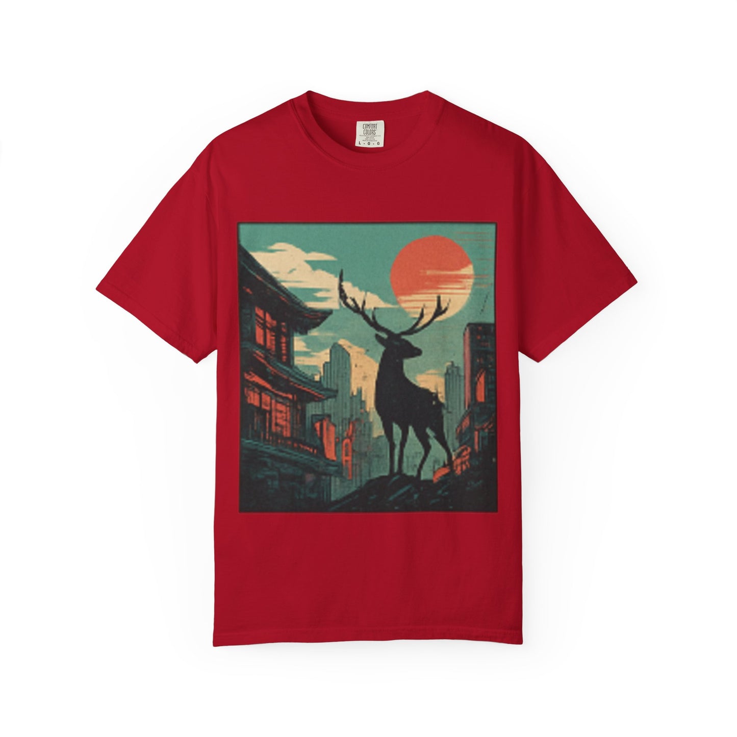Deer Cityscape T-Shirt — Retro Sunset Stag Graphic