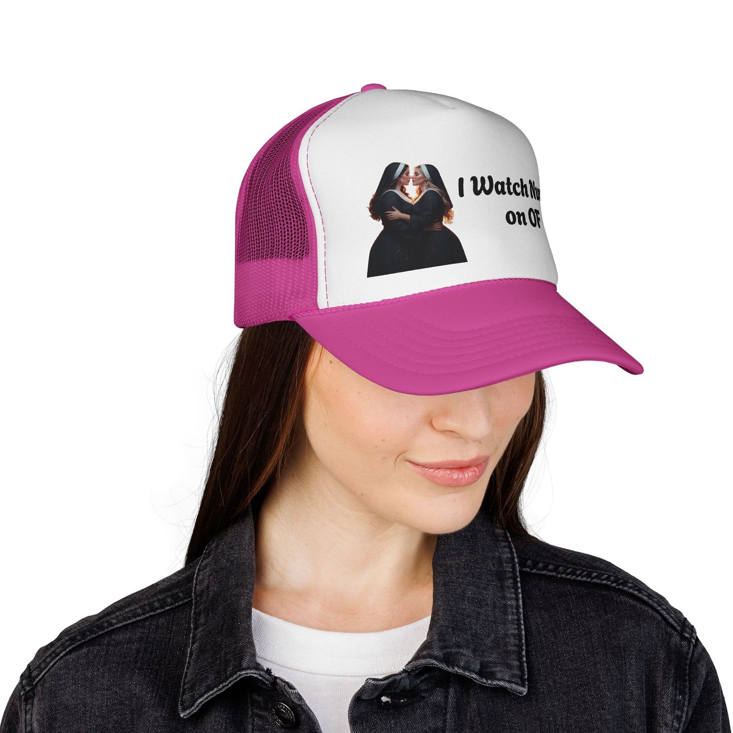 I Watch Nuns on OF Trucker Cap - Bold Red Design for Comedy Lovers