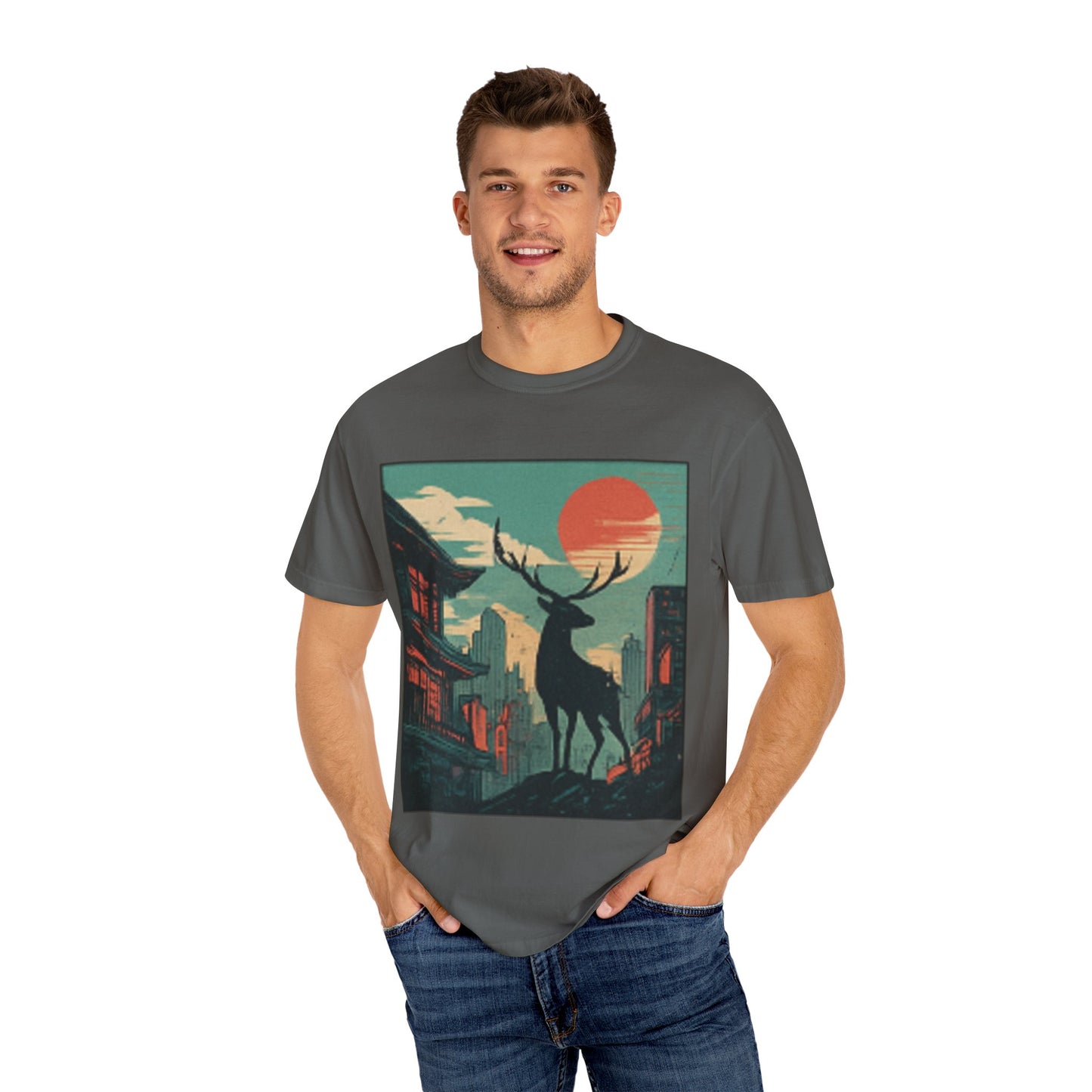 Deer Cityscape T-Shirt — Retro Sunset Stag Graphic