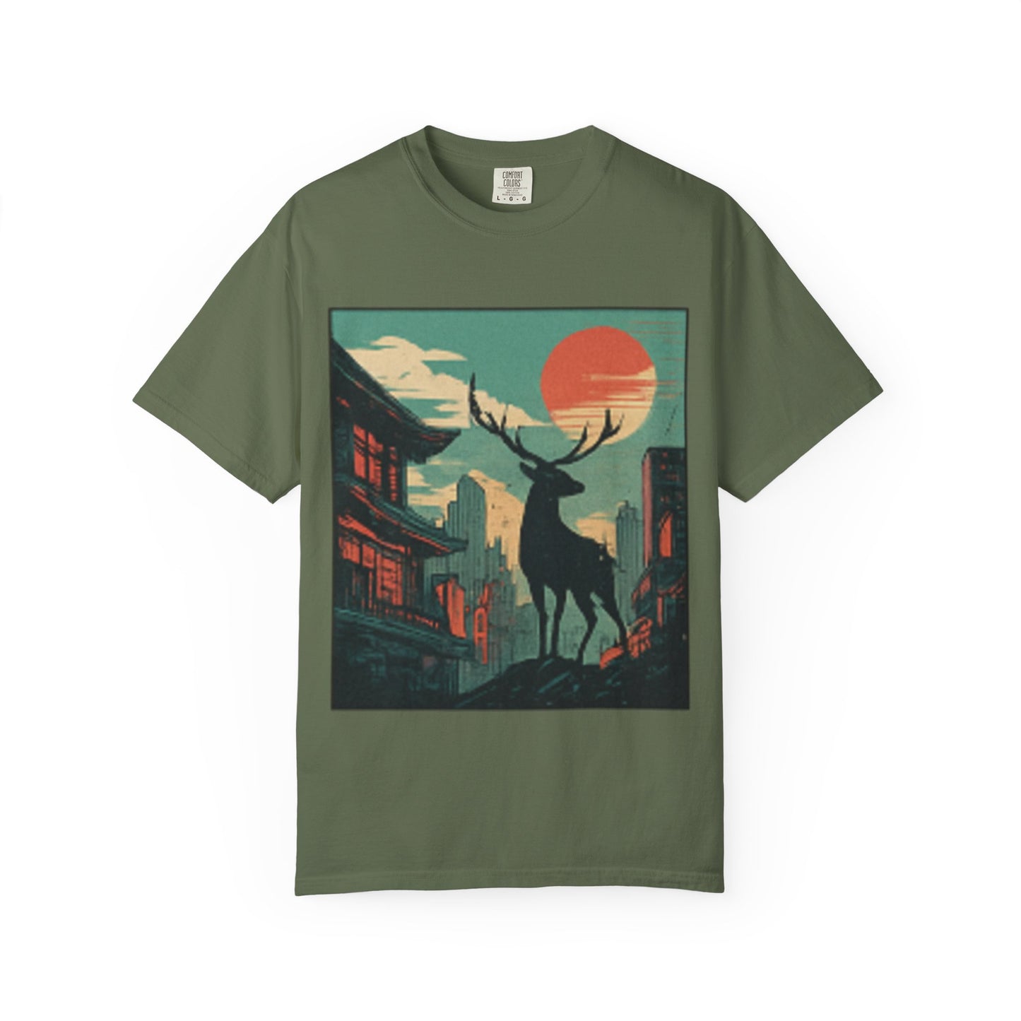 Deer Cityscape T-Shirt — Retro Sunset Stag Graphic