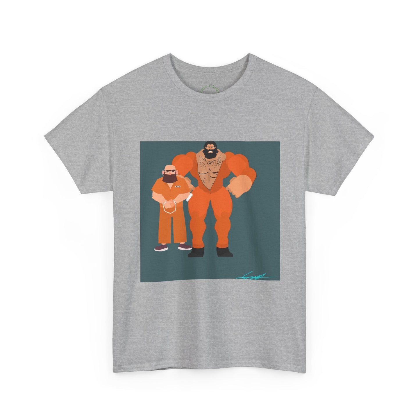 Wrestler Duo Graphic Tee — Strongman & Tiny Fan Illustration T-Shirt