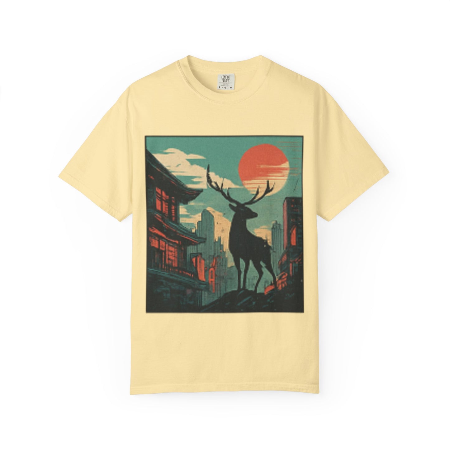 Deer Cityscape T-Shirt — Retro Sunset Stag Graphic