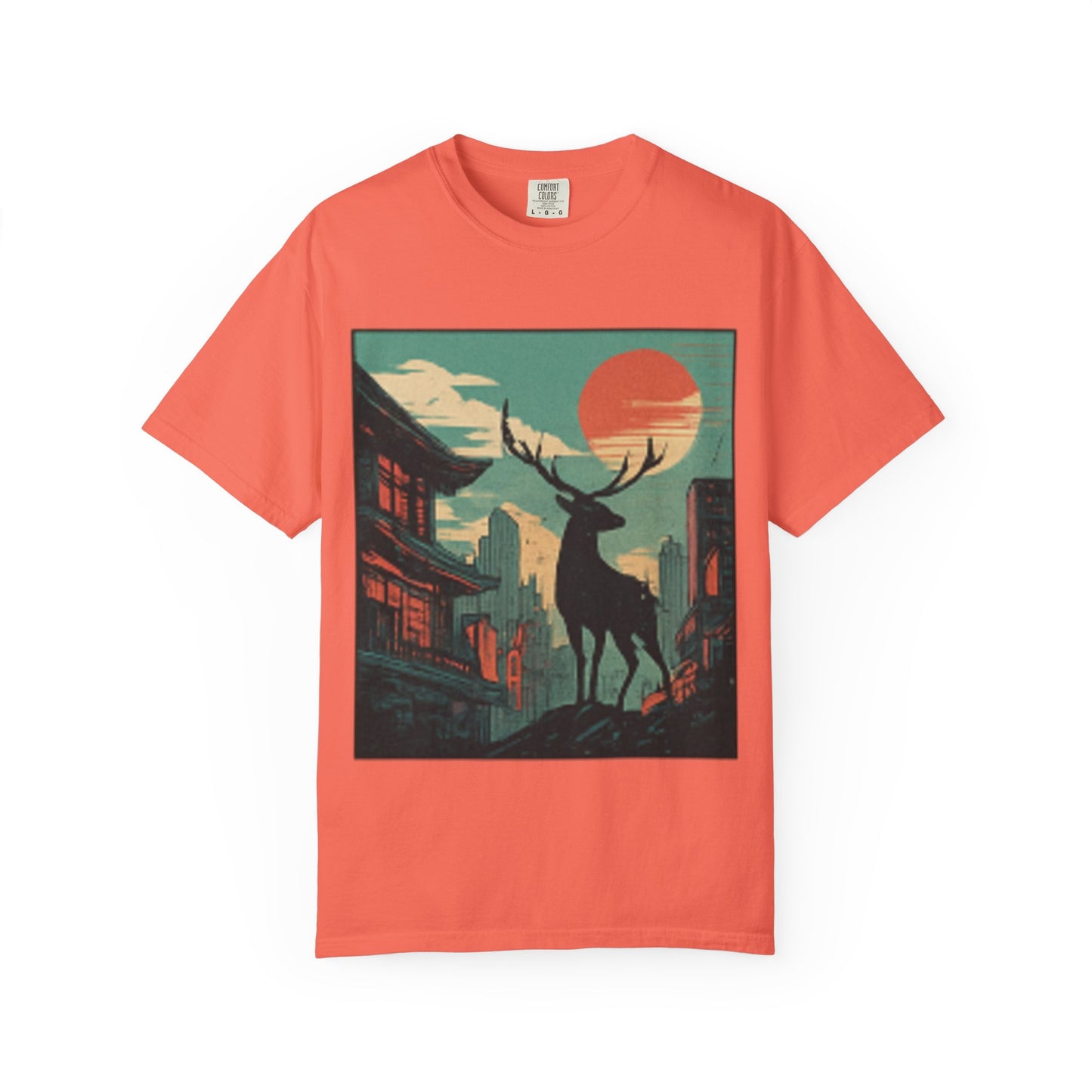 Deer Cityscape T-Shirt — Retro Sunset Stag Graphic