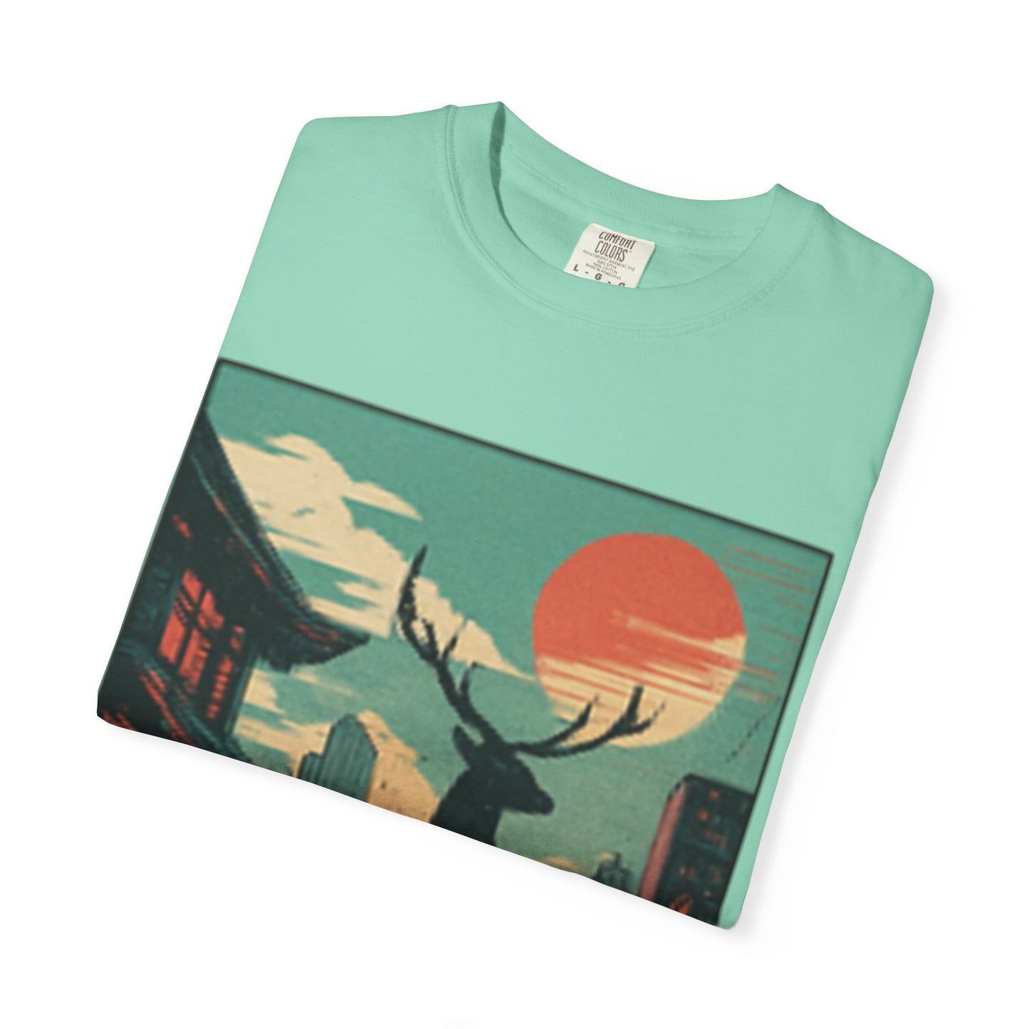 Deer Cityscape T-Shirt — Retro Sunset Stag Graphic