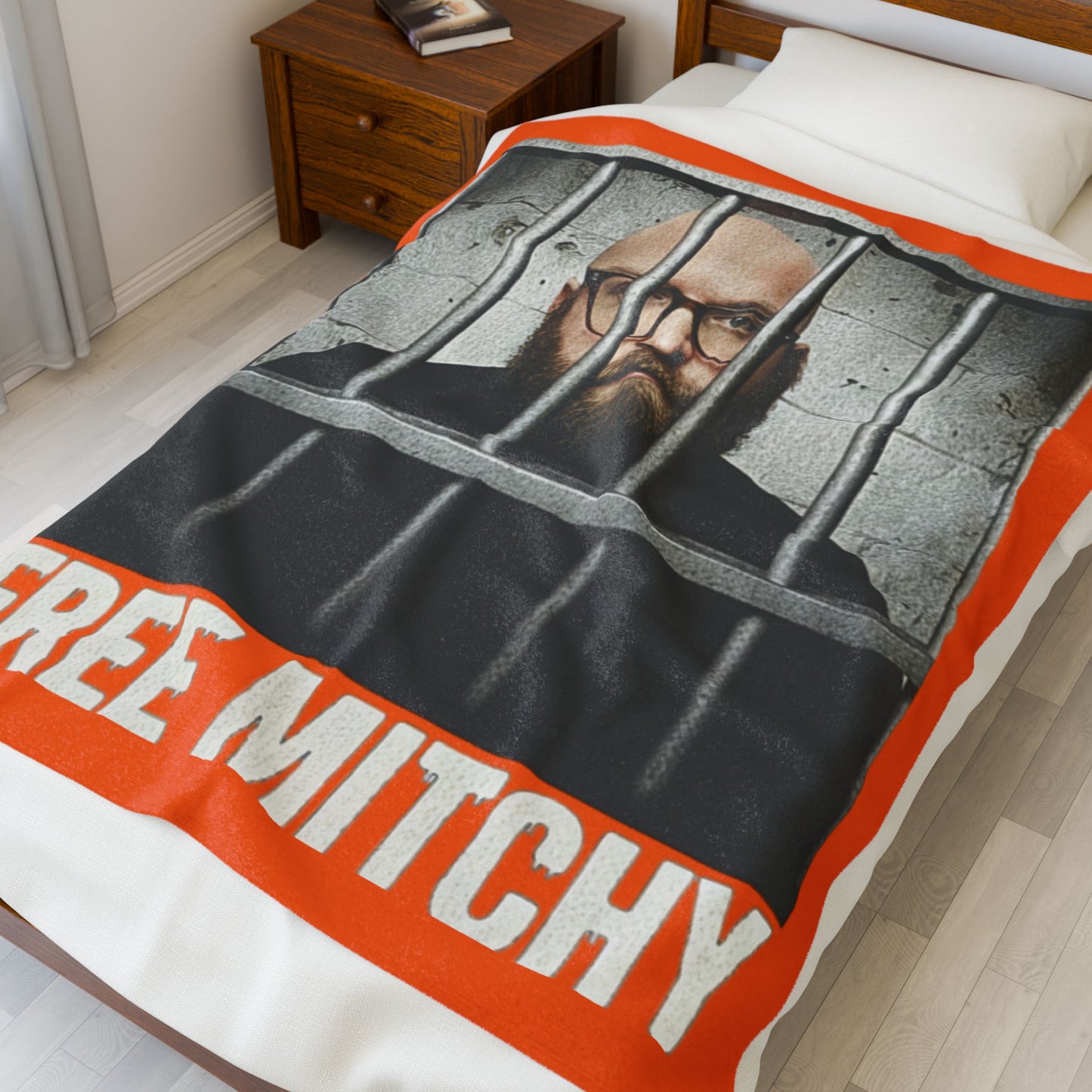 'Free Mitchy' Plush Blanket – Velvety Orange Protest Photo Throw