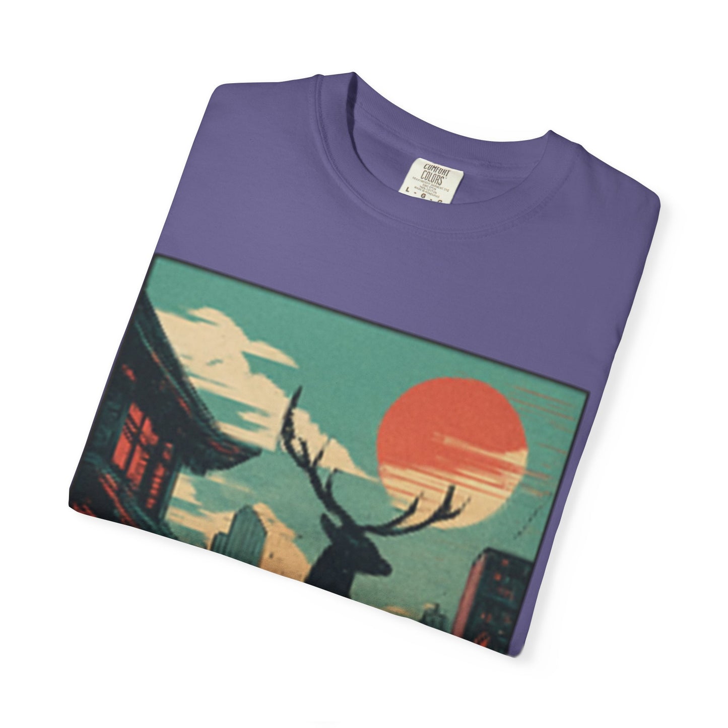 Deer Cityscape T-Shirt — Retro Sunset Stag Graphic