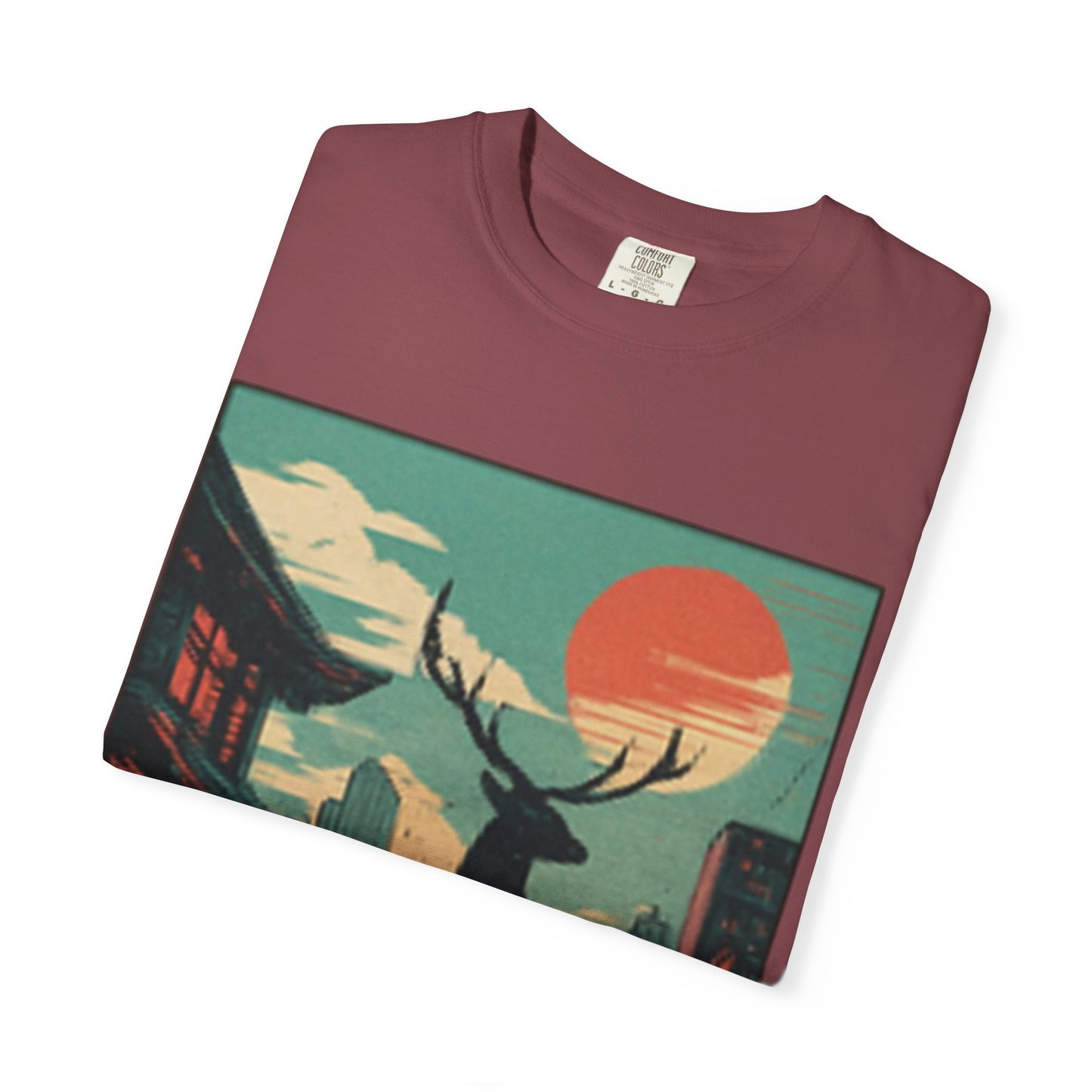 Deer Cityscape T-Shirt — Retro Sunset Stag Graphic
