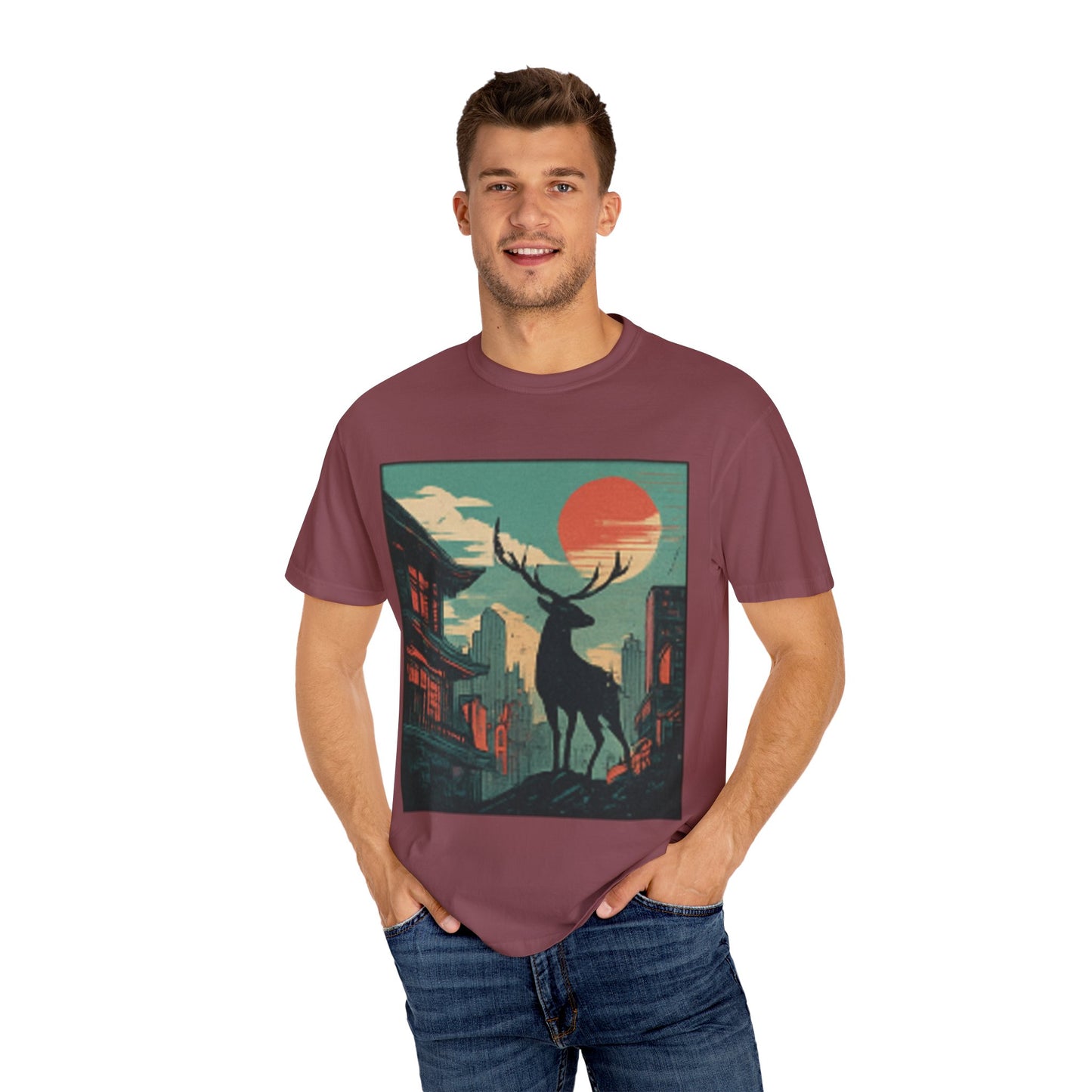 Deer Cityscape T-Shirt — Retro Sunset Stag Graphic