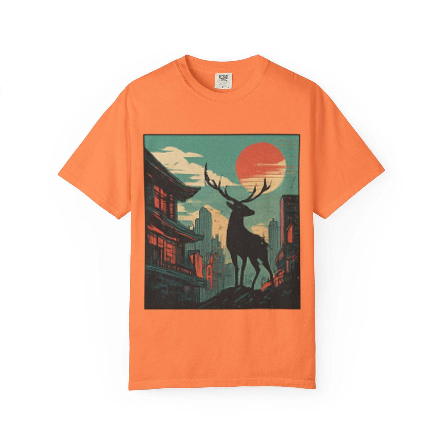 Deer Cityscape T-Shirt — Retro Sunset Stag Graphic