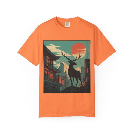 Deer Cityscape T-Shirt — Retro Sunset Stag Graphic