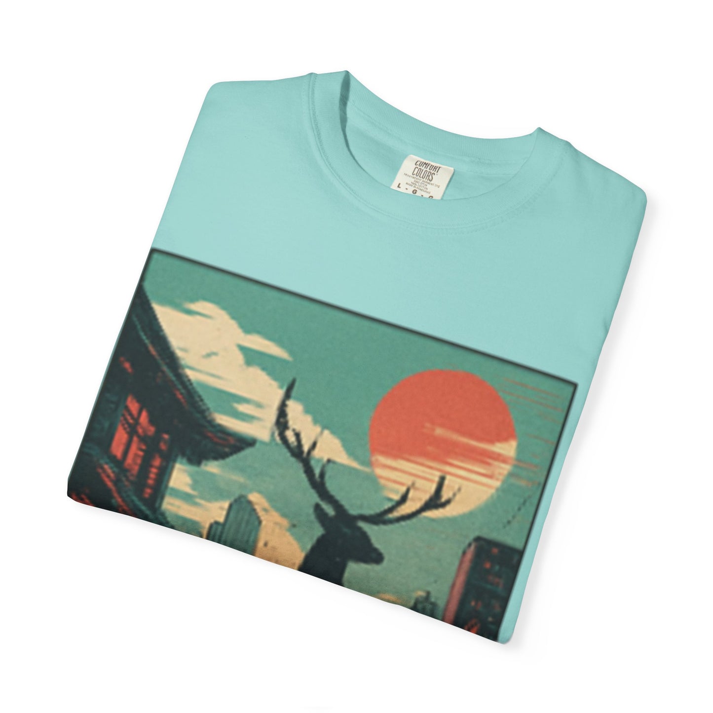 Deer Cityscape T-Shirt — Retro Sunset Stag Graphic