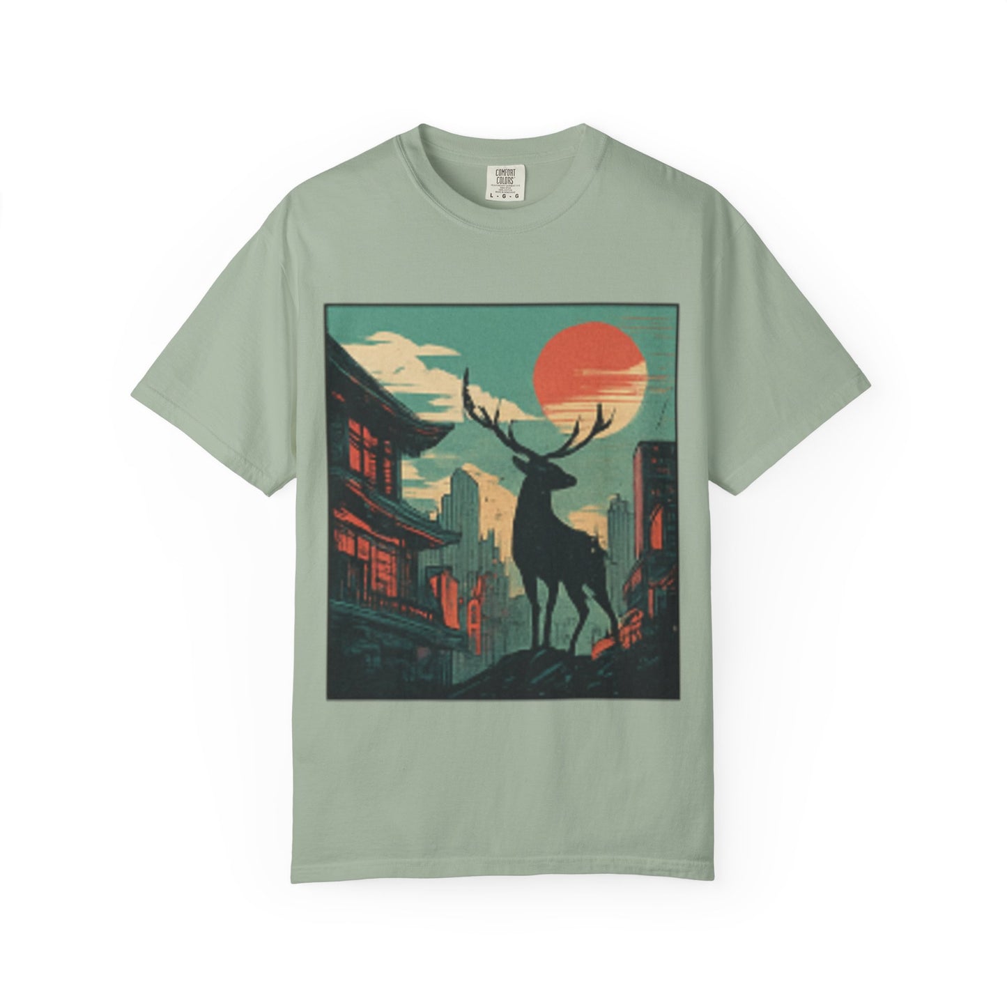 Deer Cityscape T-Shirt — Retro Sunset Stag Graphic