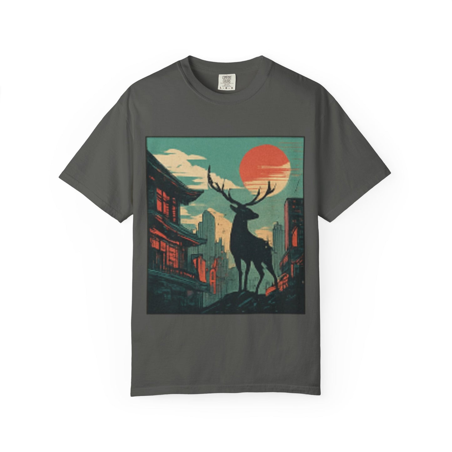 Deer Cityscape T-Shirt — Retro Sunset Stag Graphic
