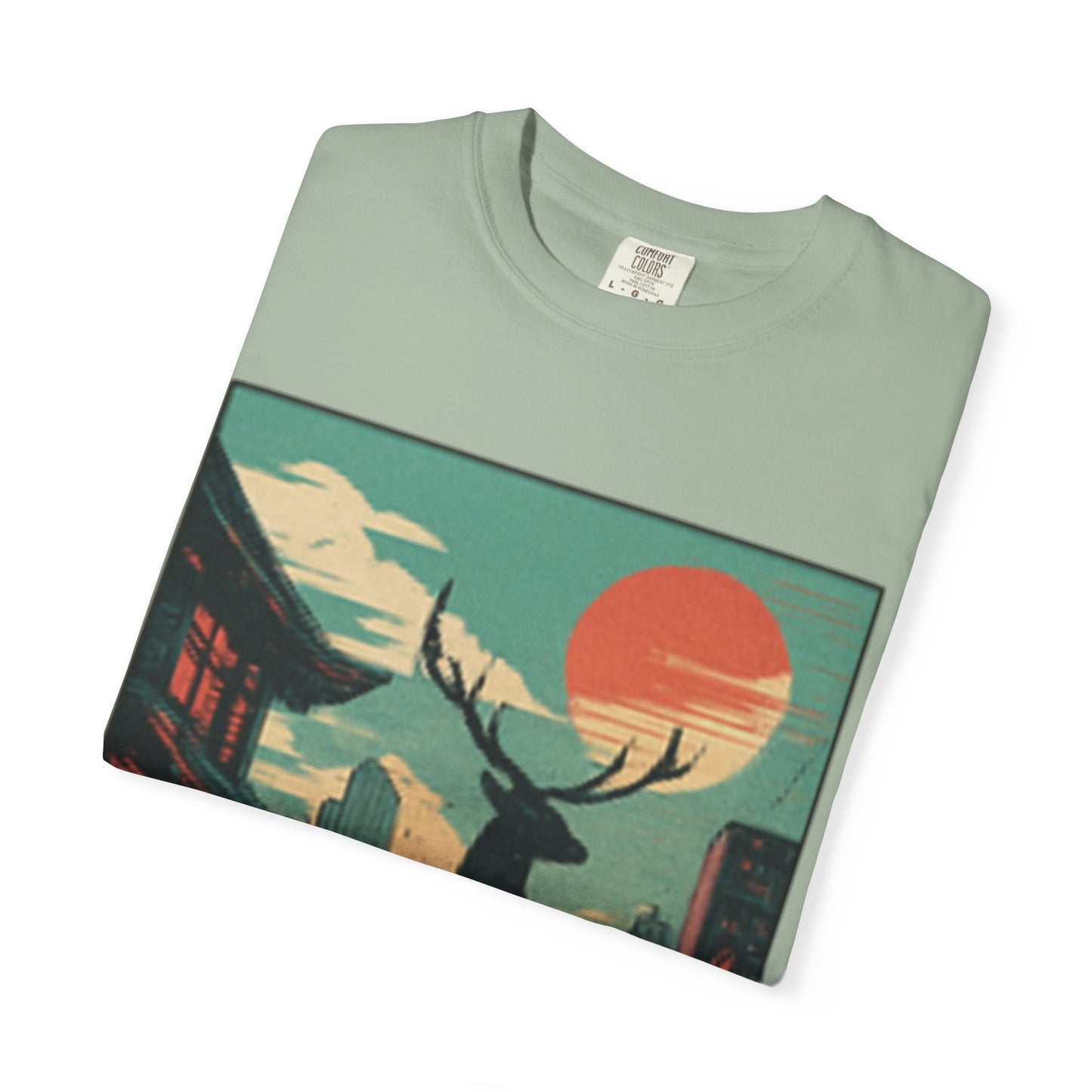 Deer Cityscape T-Shirt — Retro Sunset Stag Graphic
