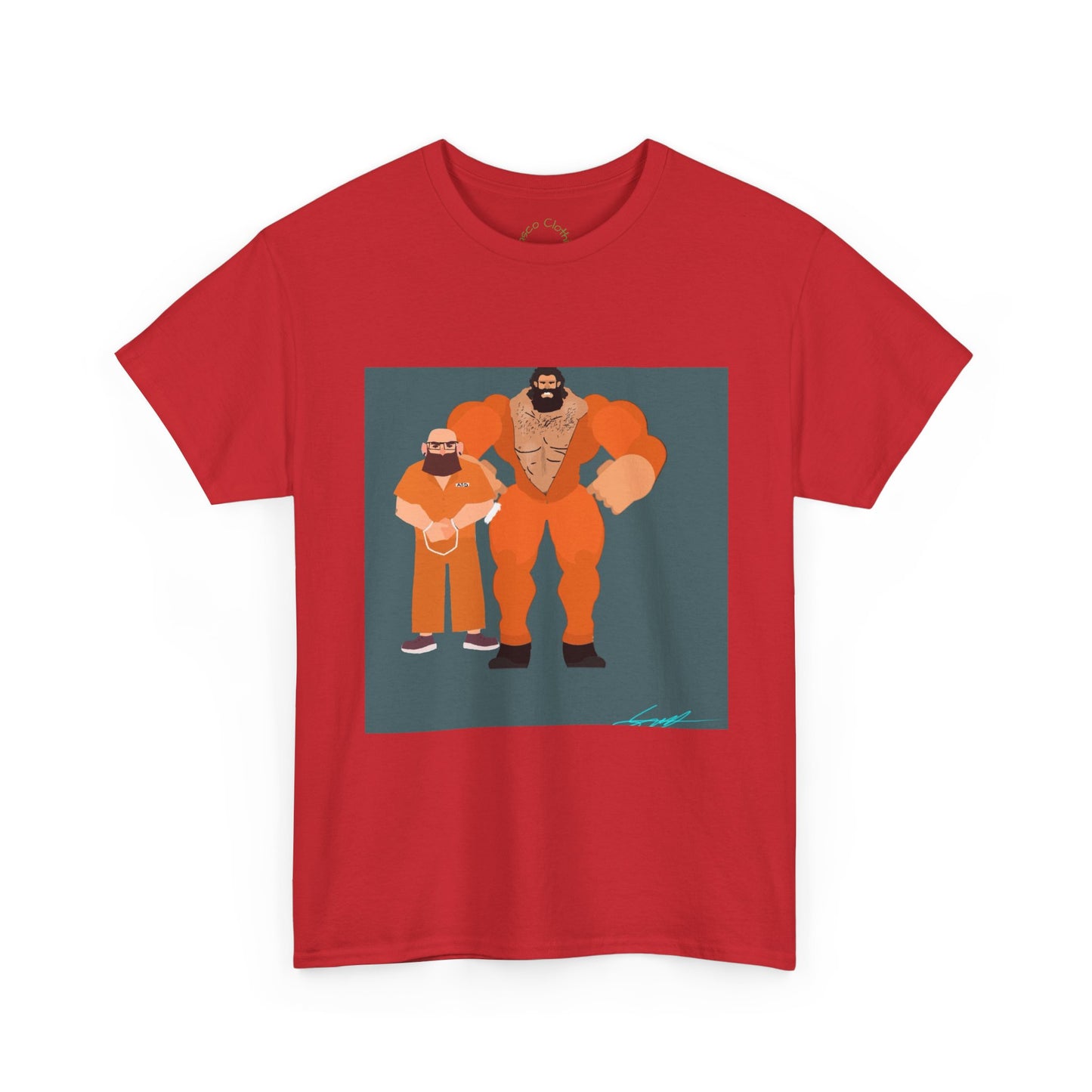 Wrestler Duo Graphic Tee — Strongman & Tiny Fan Illustration T-Shirt