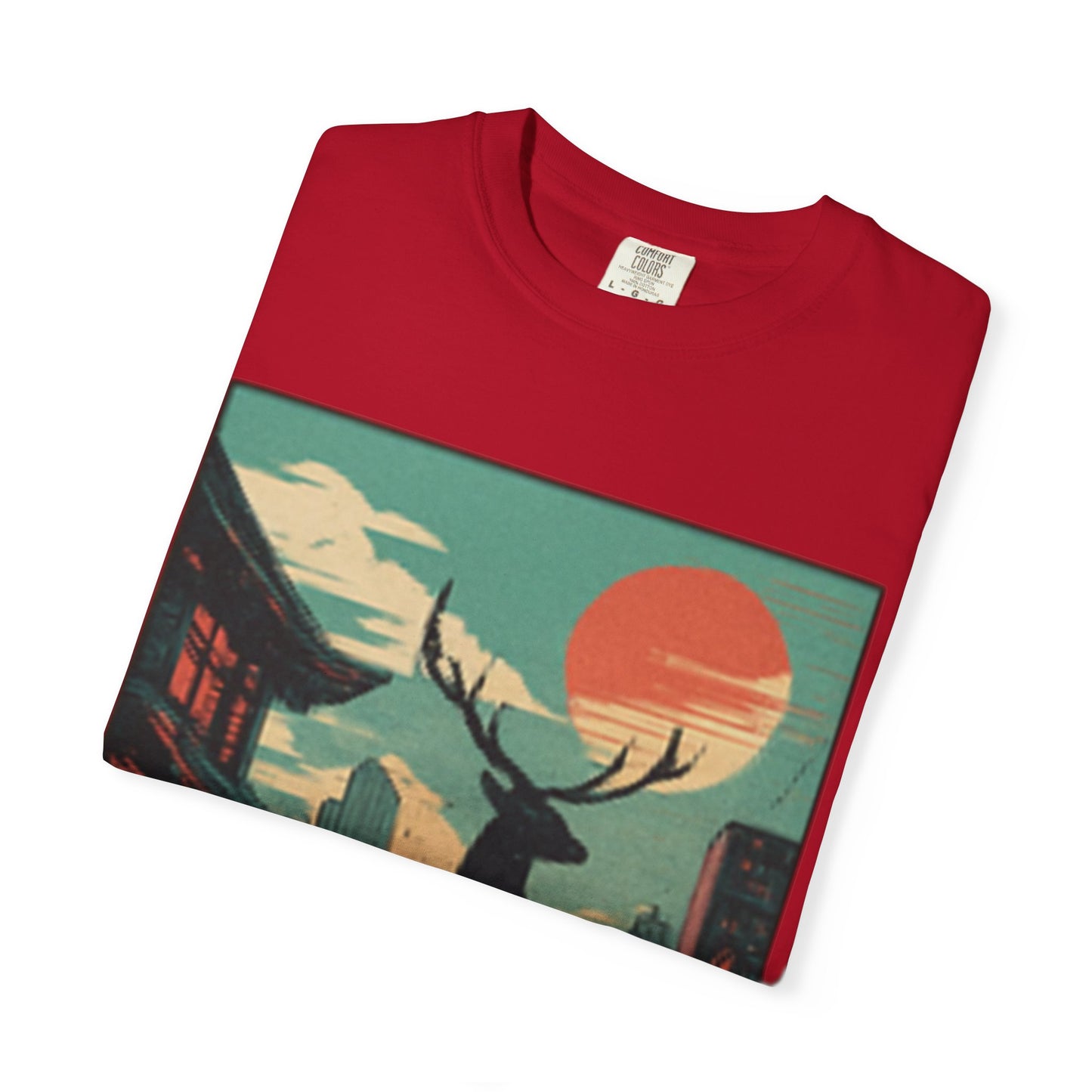 Deer Cityscape T-Shirt — Retro Sunset Stag Graphic