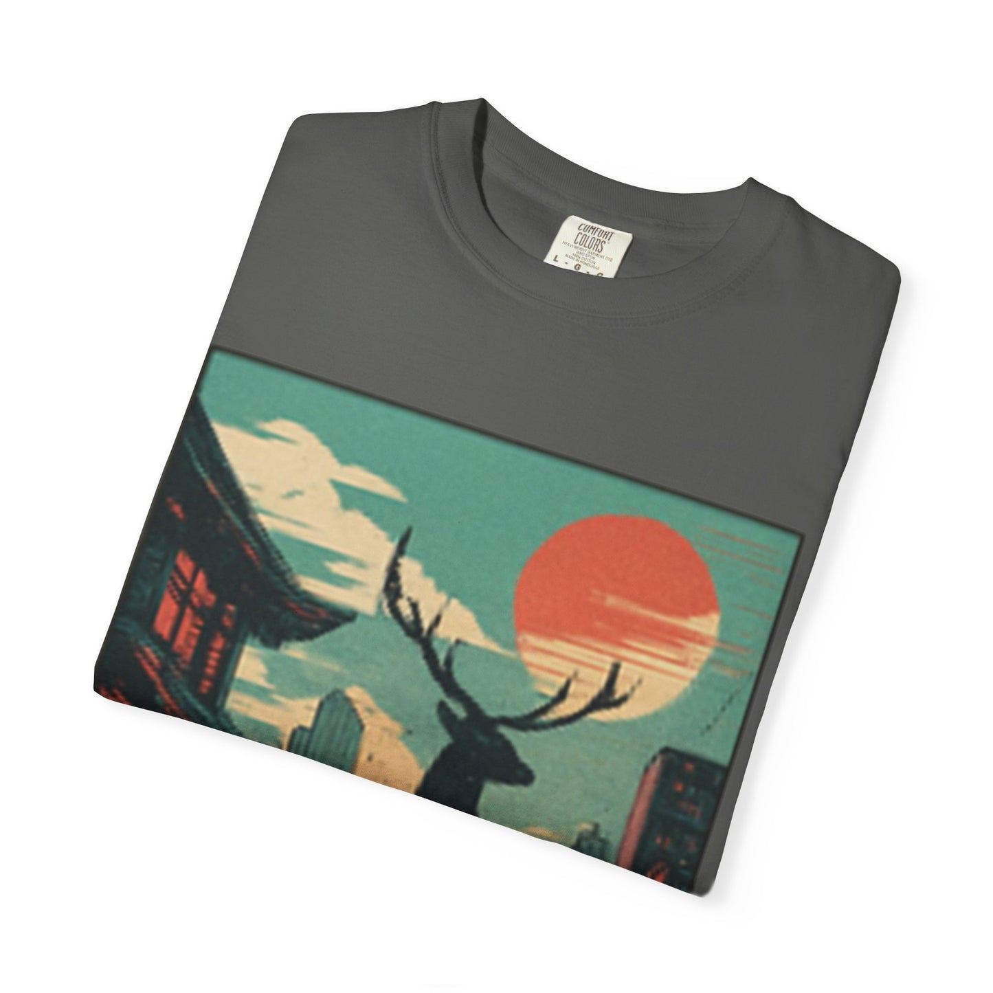 Deer Cityscape T-Shirt — Retro Sunset Stag Graphic