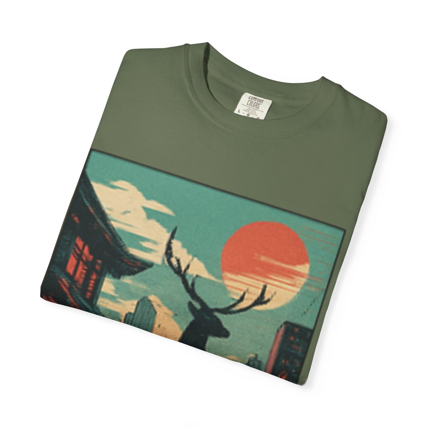 Deer Cityscape T-Shirt — Retro Sunset Stag Graphic