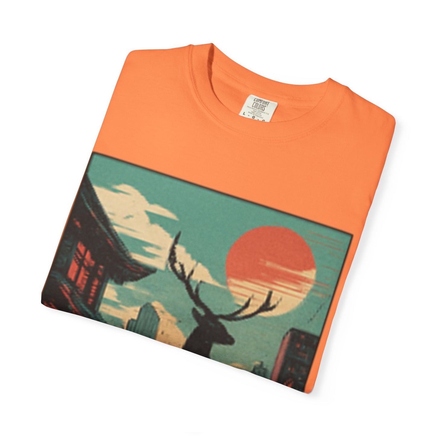 Deer Cityscape T-Shirt — Retro Sunset Stag Graphic